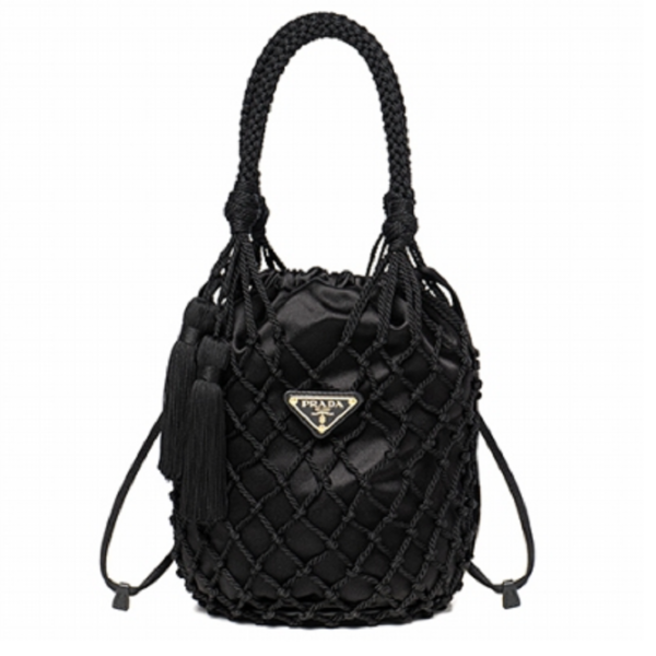 Túi Prada Women's Triangle Logo Mesh Black Bucket Bag 1BE025-2CJM-F0002