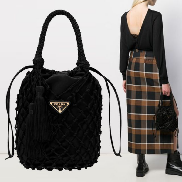 Túi Prada Women's Triangle Logo Mesh Black Bucket Bag 1BE025-2CJM-F0002 - Ảnh 2
