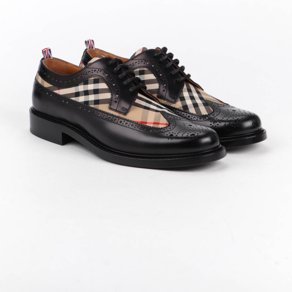 Giày Burberry Brogue Detail Leather Vintage Check Derby Black Beige 80162581 - Ảnh 4