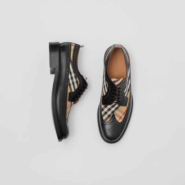 Giày Burberry Brogue Detail Leather Vintage Check Derby Black Beige 80162581 - Ảnh 3