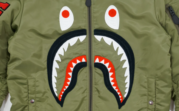 Áo Bape Front Facing Shark MA1 Bomber Flight Jacket Olive BA-FFSMA1BFJOV - Ảnh 2