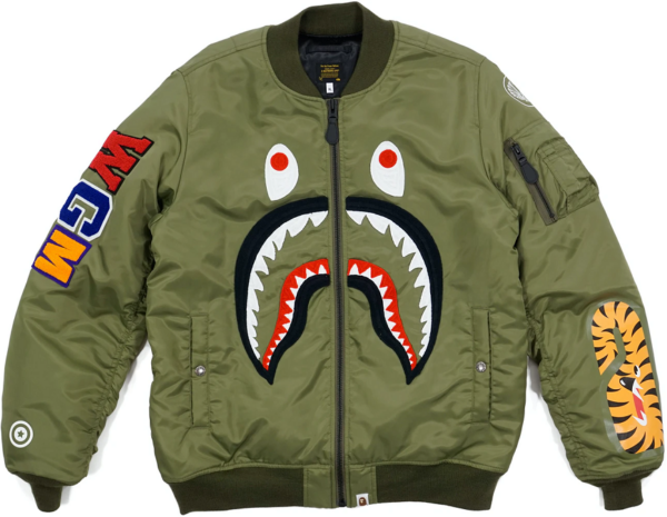 Áo Bape Front Facing Shark MA1 Bomber Flight Jacket Olive BA-FFSMA1BFJOV