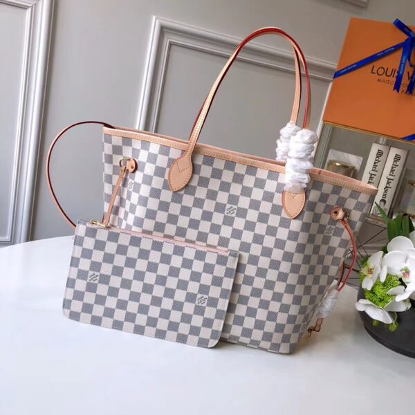 Túi Louis Vuitton Neverfull NM Damier Azur Beige Handbag N41605 - Ảnh 4