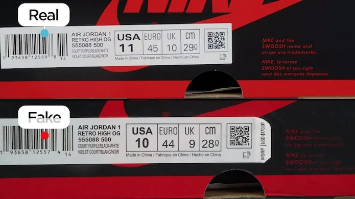 Cách phân biệt một đôi Nike Air Jordan 1 “Court Purple” real và fake Hinh anh 3: Cach phan biet mot doi Nike Air Jordan 1 “Court Purple” real va fake