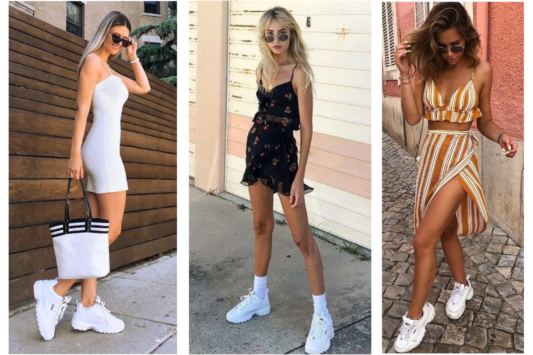 Tạo điểm nhấn phá cách khi đi kèm với những bộ váy 2 dây sexy, quyến rũ, mặc váy đi giày thể thao, nữ tính nhưng không hề "bánh bèo"