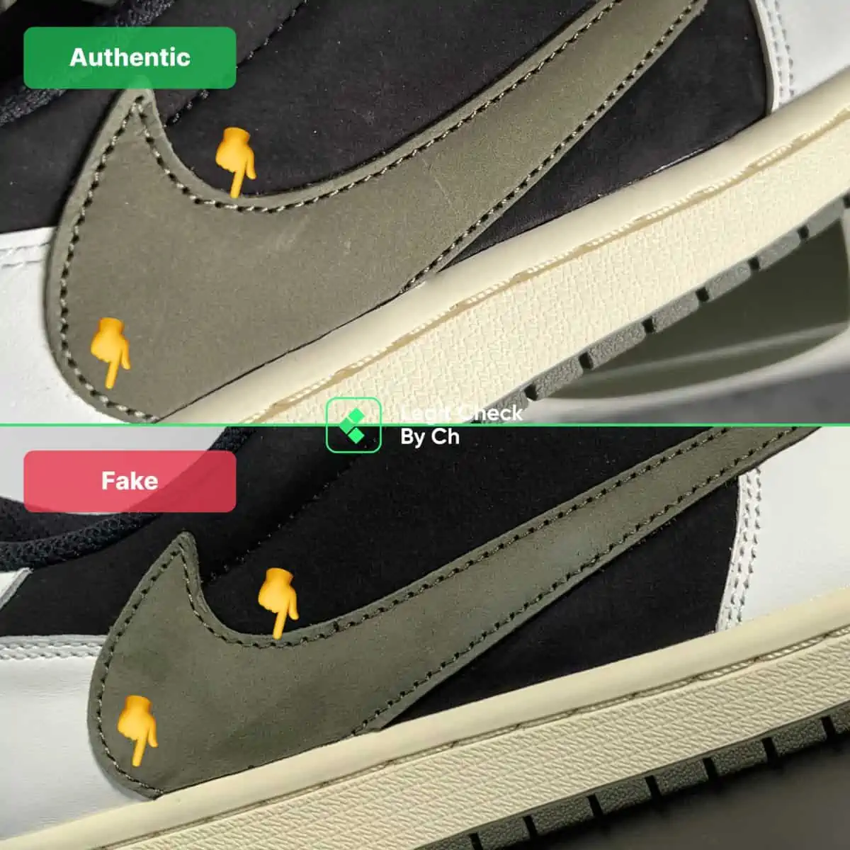 Những mẹo để xác định Travis Scott Air Jordan 1 Low "Olive" chính hãng Hinh anh 4: Nhung meo de xac dinh Travis Scott Air Jordan 1 Low "Olive" chinh hang