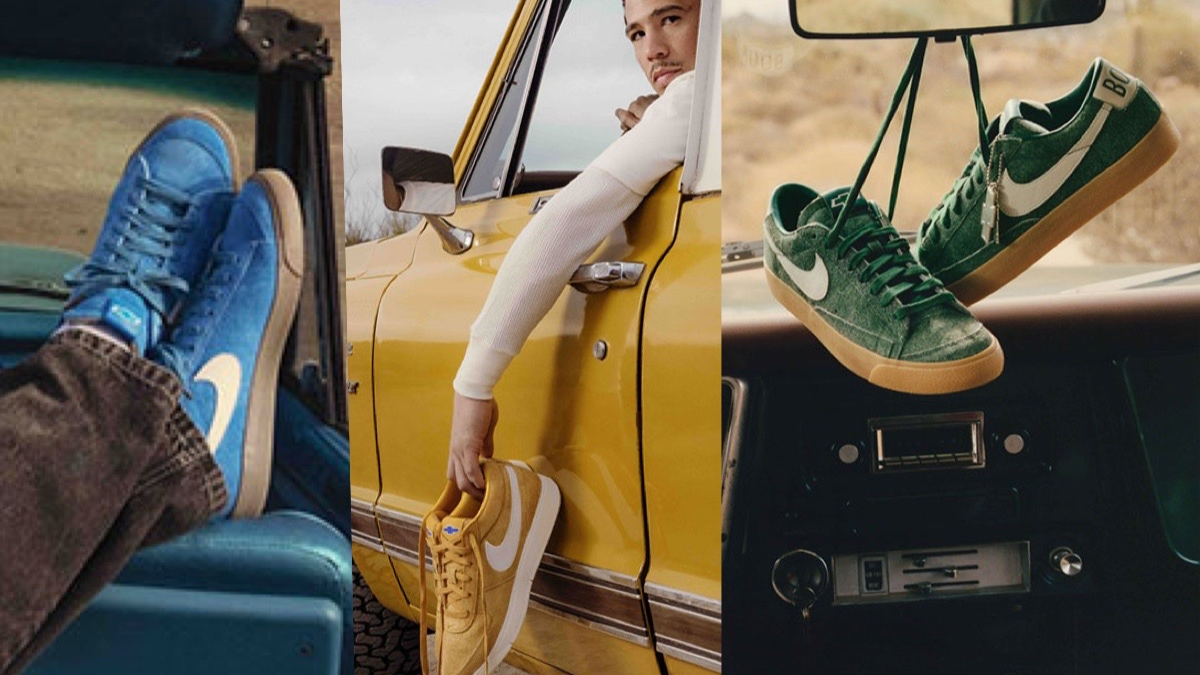 Giay Nike Book 1 va Blazer Low “Chevy” cua Devin Booker, thiet ke dac biet ket hop yeu to van hoa xe hoi va the thao.