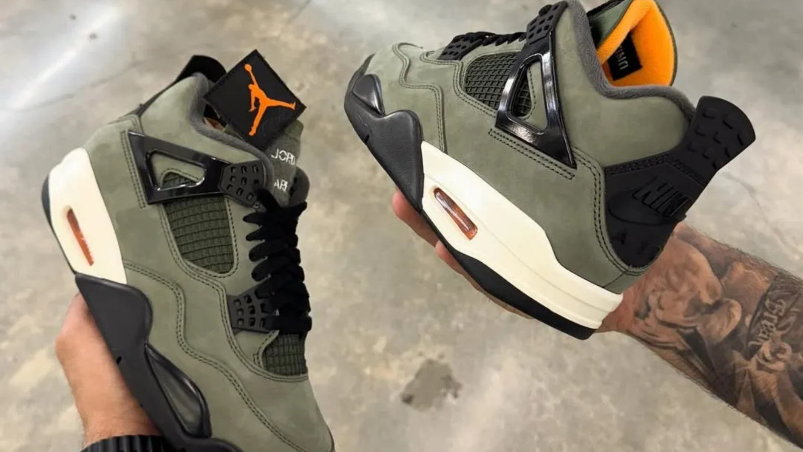 Hinh anh 1: Undefeated x Air Jordan 4 voi thiet ke da lon olive va luoi cam