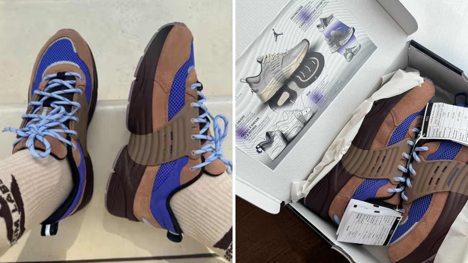 Hinh anh 5: Hinh anh giay Jordan Trunner O/S 2025 voi thiet ke hien dai, phoi mau xanh duong - nau dat, va day hai mau.