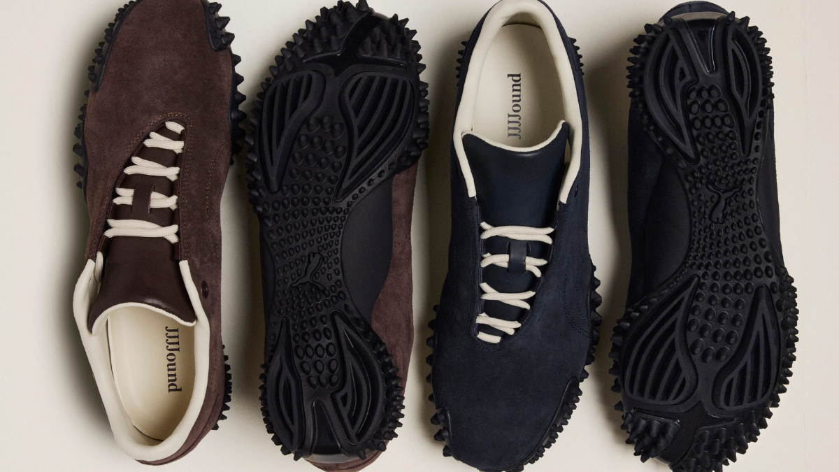 Hinh anh giay JJJJound x PUMA Mostro voi thiet ke toi gian, phoi mau trung tinh va logo an, ra mat nam 2025.