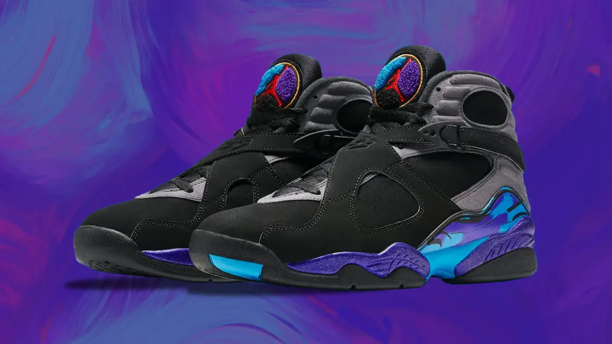 Air Jordan 8 “Aqua” 2025 voi phoi mau tim va xanh, phien ban gan giong ban goc nam 1993.