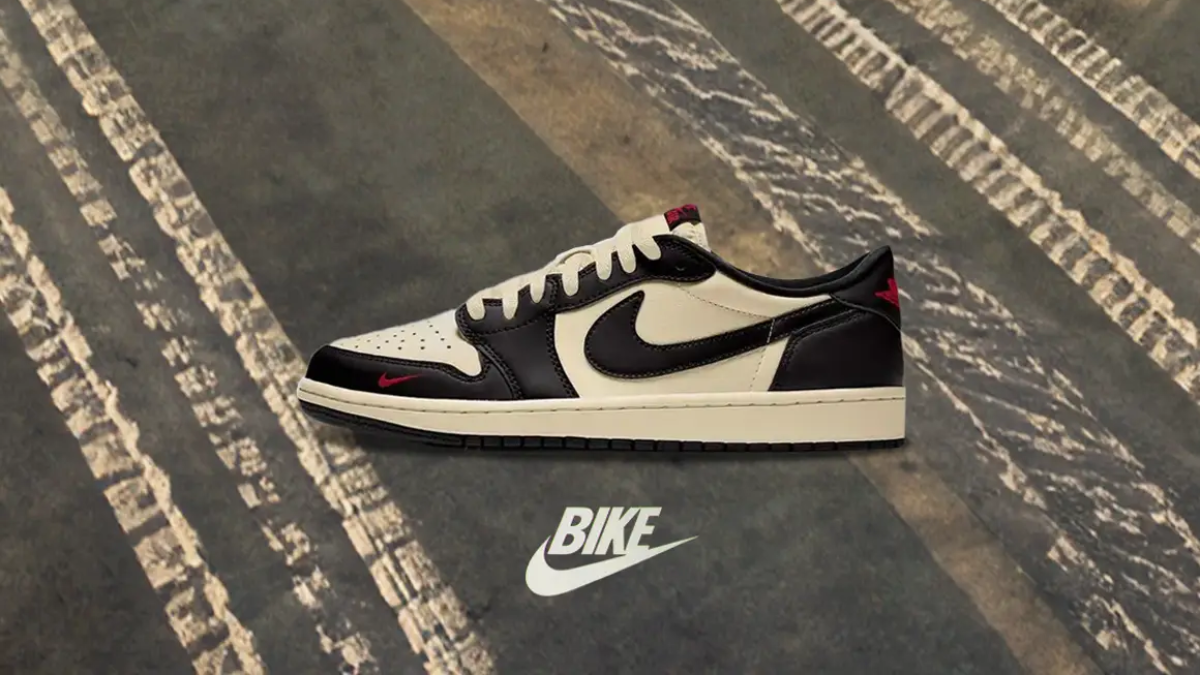 Air Jordan 1 Low OG “Nitro” voi phoi mau Black/Muslin/Varsity Red, thiet ke boi Nigel Sylvester, bieu tuong thoi trang biker mua thu 2025.