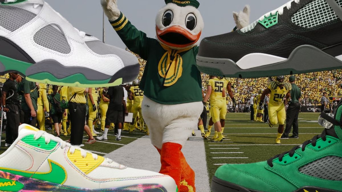 Air Jordan 4 Oregon Ducks PE, giay sneaker doc quyen voi phoi mau xanh la cay va vang dac trung cua Dai hoc Oregon.
