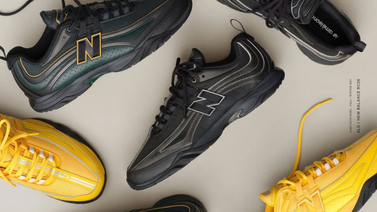 Giay Aime Leon Dore x New Balance RC56 Thu/Dong 2025 voi phoi mau vang, xanh la va den.