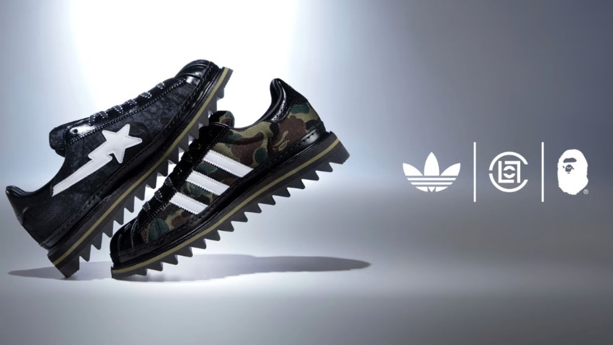 Hinh anh doi giay CLOT x BAPE x adidas Superstar doc quyen tai ComplexCon voi thiet ke khong doi xung.