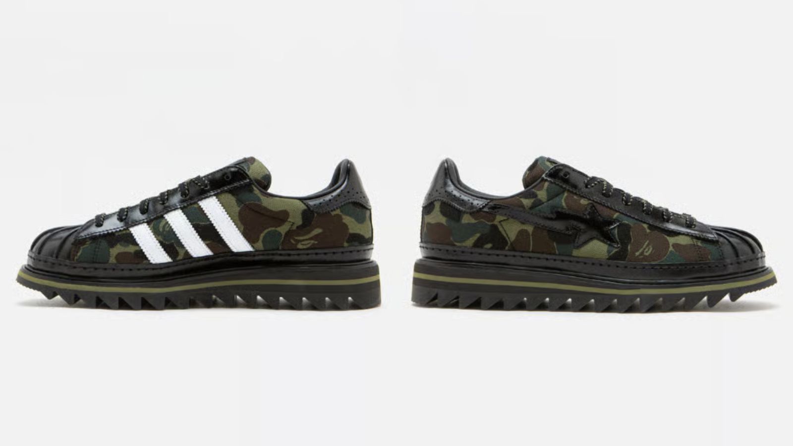 Hinh anh 4: Hinh anh doi giay CLOT x BAPE x adidas Superstar doc quyen tai ComplexCon voi thiet ke khong doi xung.